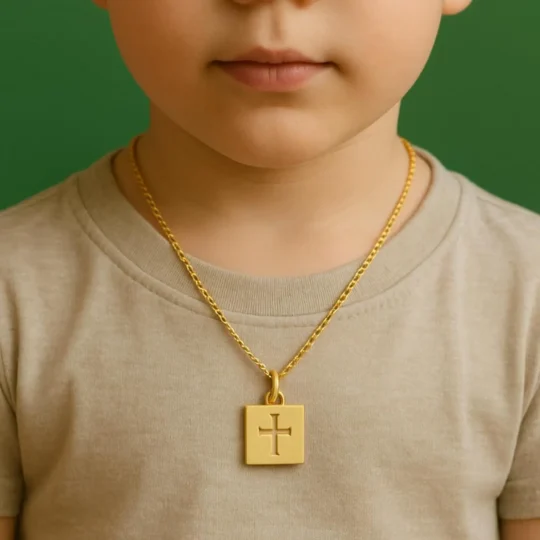 Handmade Gold 10 K Square Pendant Necklace_Minimalist Religious Jewelry for Kids & Adults