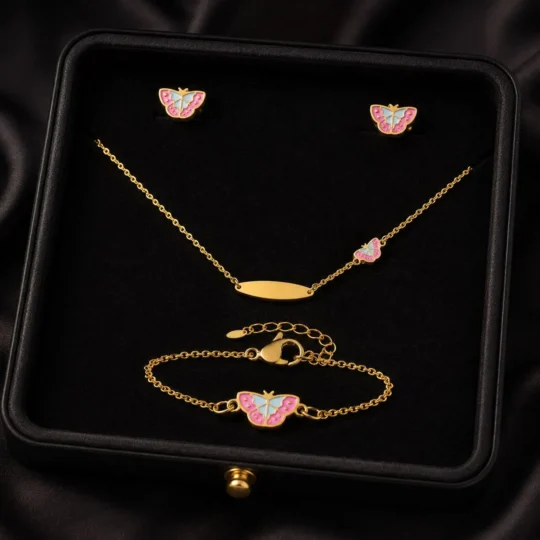 Girls Butterfly Jewelry Set with Custom Name Necklace
